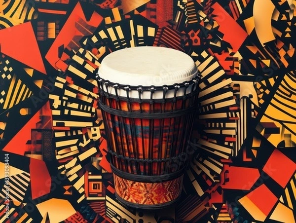 Fototapeta An artistic rendering of djembe drum surrounded by vibrant geometric patterns rhythmic designs capturing the essence of lively percussion