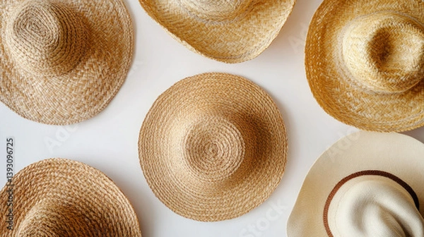 Obraz Set of straw hats on an isolated white background