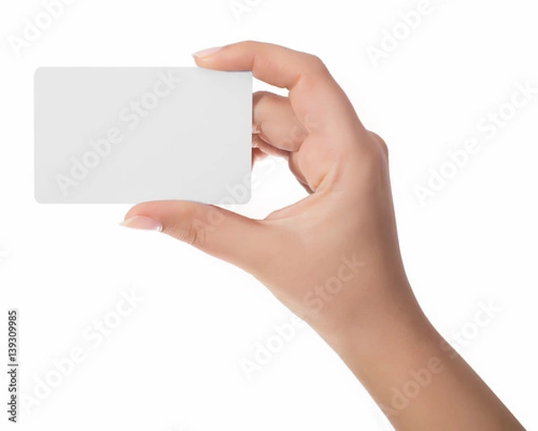 Fototapeta Woman hand hold virtual business card, credit card or blank paper isolated on white background.Clipping path included