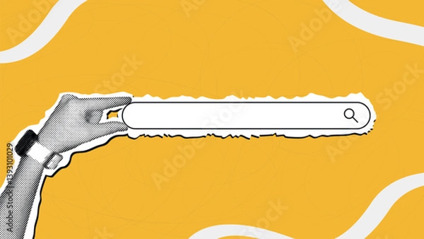 Fototapeta Social media banner.Creative halftone hand with search bar.Retro template for online sales,advertising,search,training,global strategy.Bright design to attract the attention of the target audience.