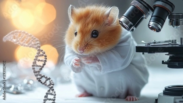 Obraz Cute Hamster in Laboratory Coat with Microscope and DNA Model