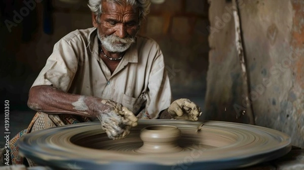 Fototapeta Man is making pottery in a workshop