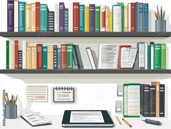 Fototapeta Clipart depicting study area equipped with modern shelves filled with books color-coded research files clean workspace featuring sleek digital tablet writing instruments.
