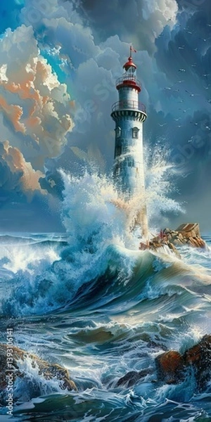 Fototapeta Large white lighthouse is in the middle of a rough sea with crashing waves