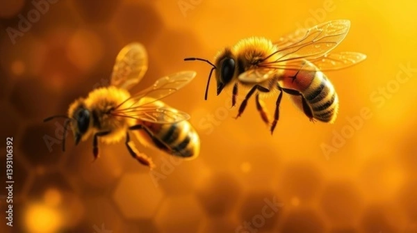 Fototapeta Two flying bees appear against a golden blurred honey comb backdrop
