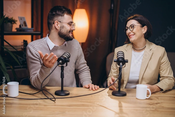 Fototapeta Two podcasters are recording an episode in a professional studio, engaging in conversation and sharing their insights with their audience