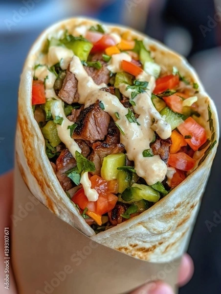 Fototapeta Hand holding a wrap filled with a variety of food items. the wrap appears to be made of a tortilla or burrito, and it is filled with chunks of meat, diced tomatoes, cucumbers, and other vegetables.