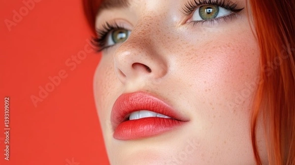 Fototapeta Close-up of a woman's face with radiant complexion and vibrant makeup.  Features include freckles, rosy cheeks, and a bold lip color, set against a striking red backdrop