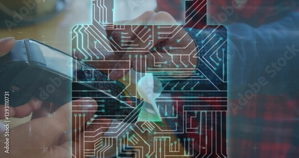 Obraz Image of network security padlock over people using payment terminal