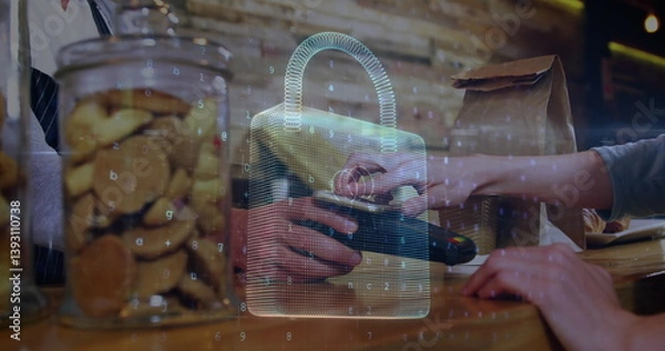 Obraz Image of network security padlock over people using payment terminal