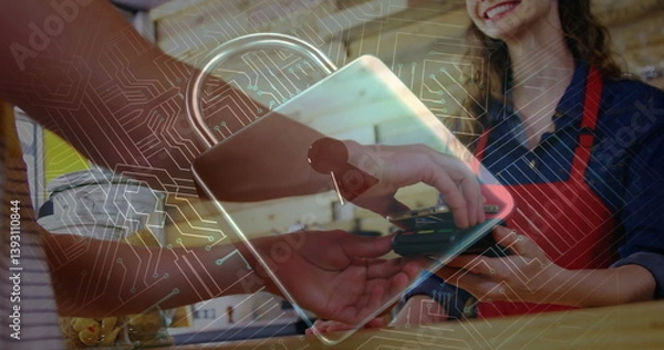 Fototapeta Image of network security padlock over people using payment terminal