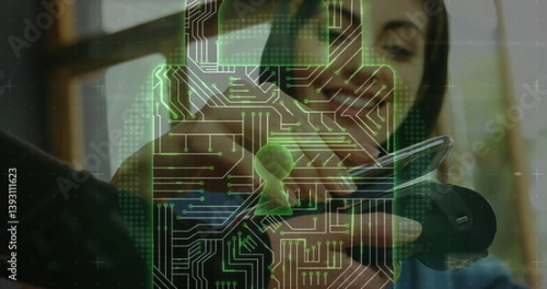 Fototapeta Image of network security padlock over people using payment terminal