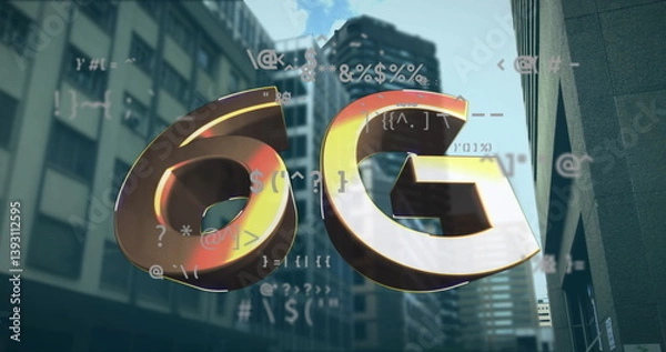 Obraz Image of 6g text over data processing and cityscape