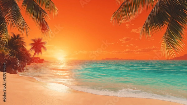 Obraz Tropical Seaside Landscape at Sunset with Palm Trees and Golden Light,  Background Illustratio