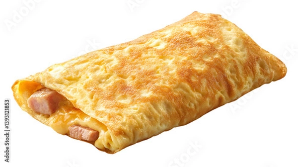 Fototapeta A ham and cheese omelette folded neatly on a white background
