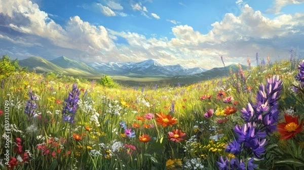 Fototapeta A beautiful wildflower meadow with colorful flowers swaying in the breeze under a bright sky 