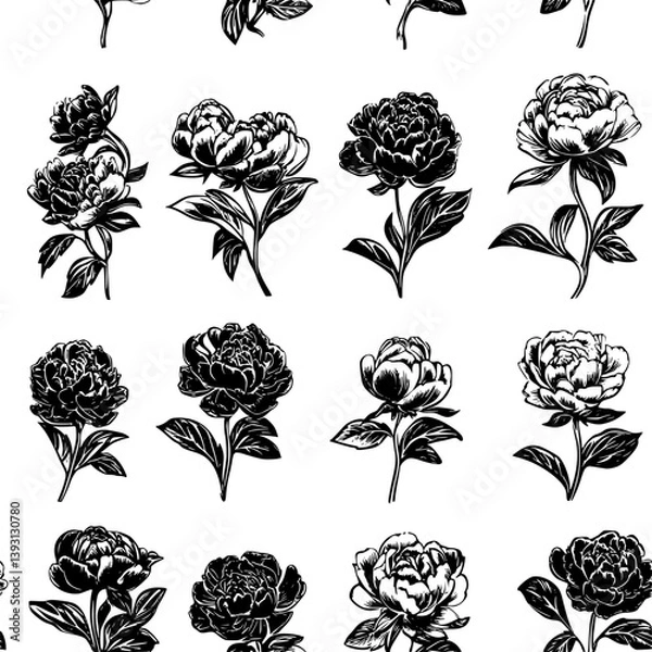 Fototapeta Pattern of Peonies vector icons, Peonies seamless pattern