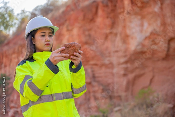 Fototapeta Geologist surveying mine,Explorers collect soil samples to look for minerals,exploring the depths of the earth,analyzing rock formations