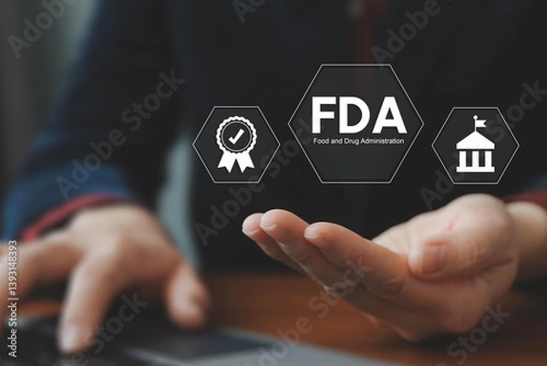 Fototapeta FDA Approved Food and Drug Administration concept. Businessman using laptop with FDA icon on virtual screen for Health product standards control system. 