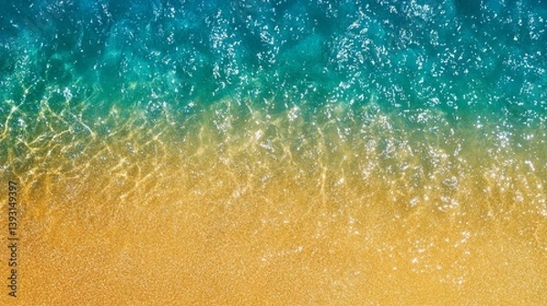 Fototapeta Serene coastal landscape with turquoise ocean waters gently blending into golden sandy shore, creating a mesmerizing gradient of natural textures and colors
