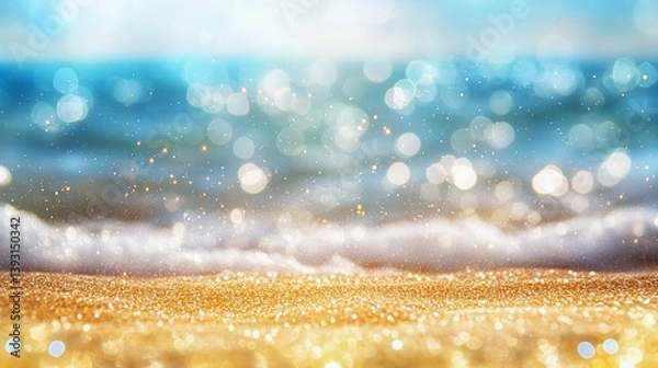 Fototapeta Shimmering golden sands meet dreamy azure waters in a mesmerizing coastal landscape of soft bokeh light and sparkling textures