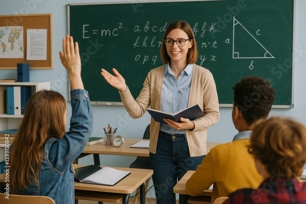 Fototapeta Teacher Explaining Concepts While Students Engage in a Classroom Setting During a School Day