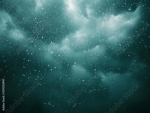Fototapeta Heavy rainfall streaming down past dark ominous storm clouds