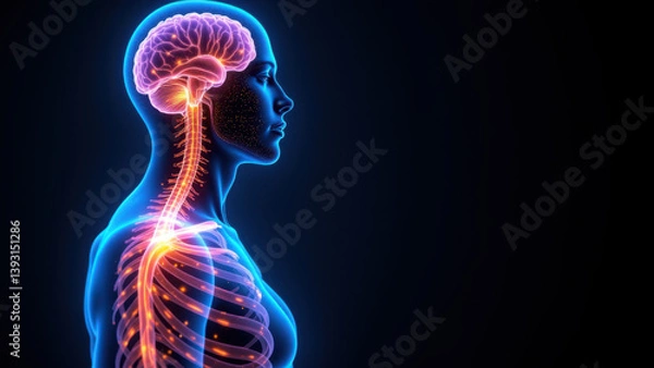 Fototapeta A 3D medical illustration showing a side view of a human head with highlighted neurological structures, including the brain stem and the Vagus Nerve.