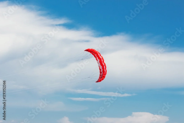 Fototapeta red parachute flying in blue sky with white clouds