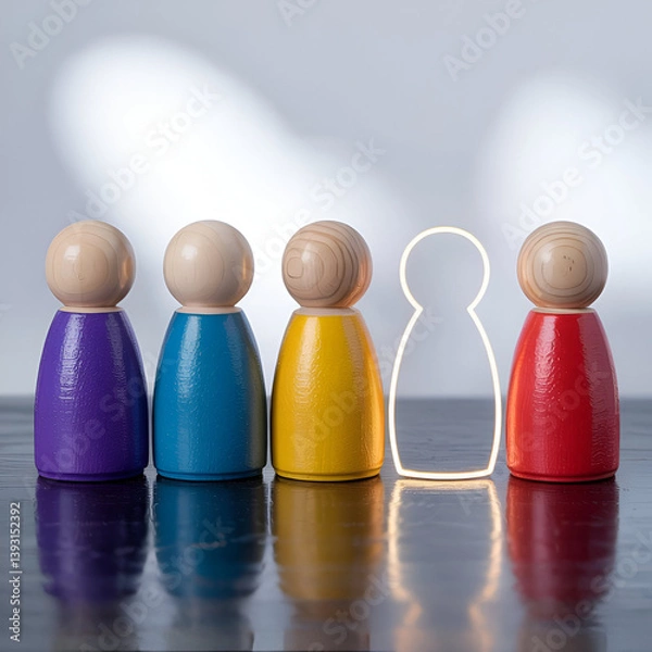 Fototapeta Teamwork Concept with Colorful Wooden Peg Dolls and Missing Member Silhouette on Glossy Black Surface  Symbol of Recruitment, Absence, or Diversity