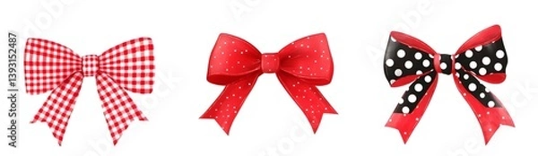 Fototapeta Three Festive Bows Red Gingham, Polka Dot, and Solid Red on White