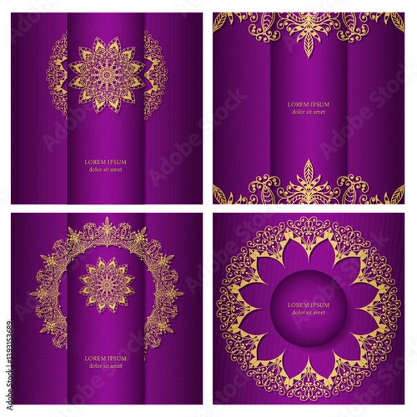 Obraz Mandala. Four luxurious purple backgrounds with a gold openwork pattern. Ethnic ornament in the design of invitations, postcards, posters.