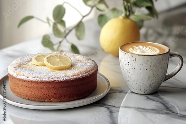 Fototapeta Contemporary Mother's Day brunch with a vegan lemon cake and a ceramic cup of latte, displayed on a sleek, minimalist table.