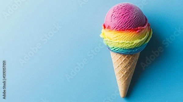 Fototapeta Vibrant rainbow-colored ice cream scoop in a crisp waffle cone, artfully positioned against a clean blue background, symbolizing summer joy and diversity