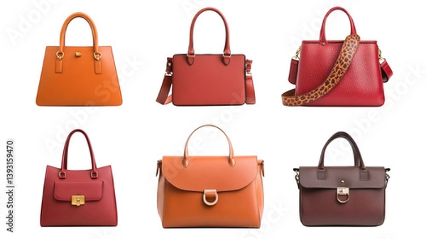 Fototapeta Set collection of cosy casual leather handbags for women isolated on white background