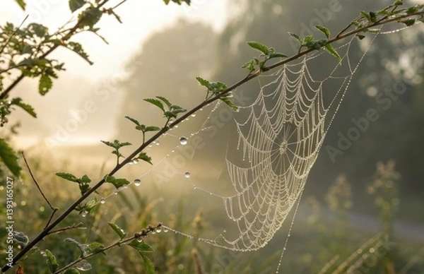 Obraz Dew-covered spider web glistening in morning light on a branch with soft background of fog and nature, capturing the beauty of dawn and tranquility