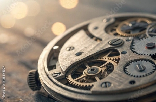 Obraz Intricate Close-Up of Vintage Clock Mechanism with Detailed Gears and Timekeeping Components Glimmering in Soft Natural Light Background