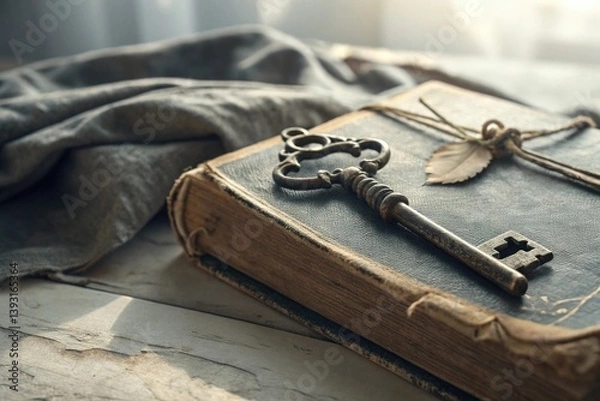 Obraz Vintage Key and Old Book on Wooden Table with Soft Cloth and Natural Light for Nostalgic and Mystical Themes in Photography