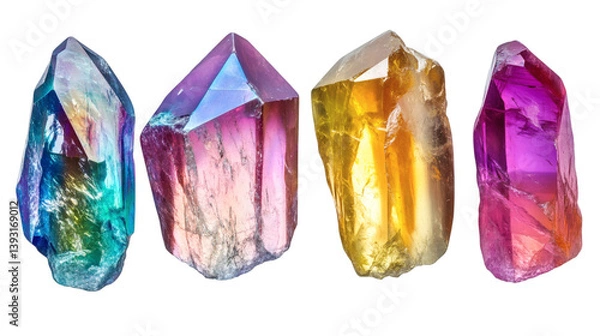 Fototapeta Set of six different coloured aura crystal stones isolated on white background