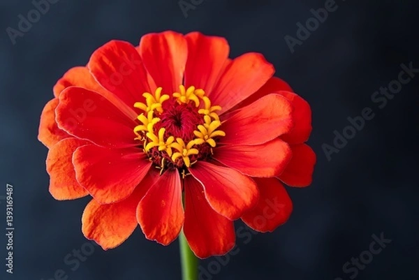 Fototapeta A vibrant red flower shows its petals and yellow center clearly