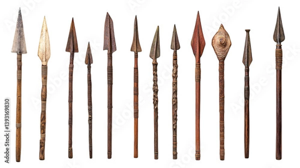 Fototapeta Set of various ancient primitive hand spears isolated on white background