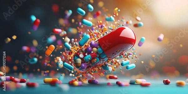 Fototapeta Exploding red capsule with colorful pills and glowing particles, concept of drug discovery and innovation, 3D digital visualization of capsules bursting with vibrant pills and healthcare design

