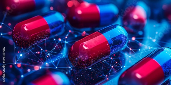 Fototapeta Red and blue capsules surrounded by glowing digital network, advanced pharmaceutical design, 3D rendering of capsules with molecular network and digital healthcare
