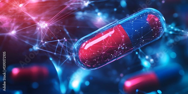Fototapeta Red and blue capsule floating in a digital network, symbolizing advanced medical technology and futuristic drug research
