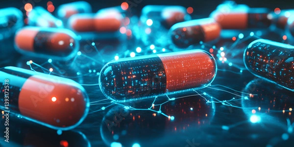 Fototapeta Glowing red and black capsules with digital network effects, futuristic pharmaceutical technology, 3D rendering of drug capsules with molecular network and glowing particles
