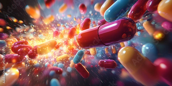 Fototapeta Exploding colorful capsules with glowing particles, showcasing future drug research, Capsules bursting with vibrant colors and digital effects in healthcare
