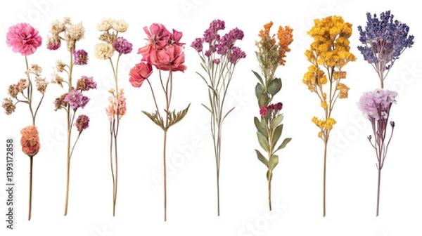 Fototapeta Set of various bloom dried flowers with leaf's isolated on white background