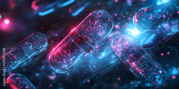 Fototapeta Colorful glowing capsules floating within a digital network, representing futuristic healthcare design and advanced drug technology
