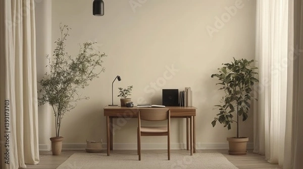 Fototapeta Warm, minimalist home office with a wooden desk, chair, and lush plants framed by sheer curtains. A calming, neutral aesthetic