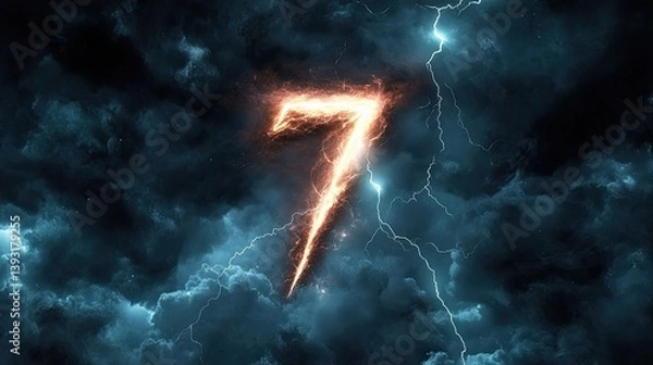 Fototapeta The number "7" shines as a glowing lightning bolt across a night sky filled with ominous thunderclouds and electric storms.